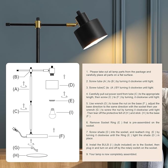 OYEARS Modern Industrial Desk Lamp for Reading LED 22.2“ Metal Table Lamp Light for Office Bedroom Study Room Living Room Nightstand Bedside Lamps Gold and Matte Black Accent (Black, Bulb Included)