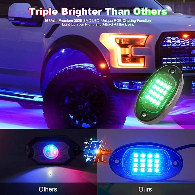 4 Pods RGB LED Rock Lights for ATV UTV Golf Cart Truck RZR Offroad SUV, Waterproof Multicolor Underglow Kit for Cars with APP Music Mode, Vehicle Accent Underbody Light Underneath 12V