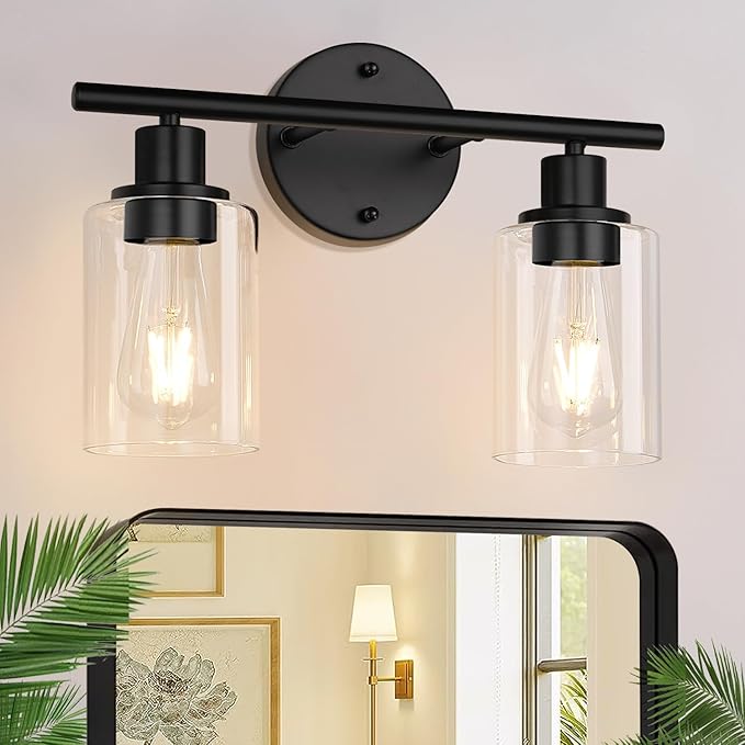 2-Light Bathroom Light Fixtures, Black Modern Vanity Lights with Clear Glass Shade, Bathroom Wall Lamp for Mirror Kitchen Living Room Hallway Cabinet Porch