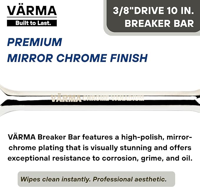 3/8-Inch Drive Breaker Bar, 10-Inch – Heavy Duty CR-MO Head & 15mm Thick Shaft – Dual-Knurled Non-Slip Grip, Constant Tension Flex Head, Premium Mirror Chrome Finish