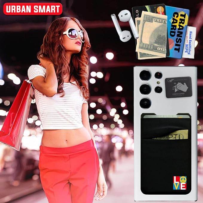 Gecko Travel Tech Double Pocket - Adhesive Card Holder - Cell Phone Pouch - Stick on Spandex Pocket - Carry Credit Cards and Cash (PEACE LOVE)