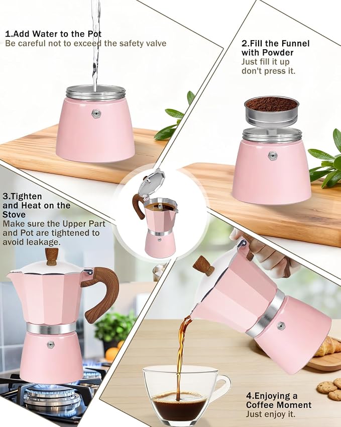 Coffee Maker Stovetop Espresso Maker 3 Cup Aluminum Moka Pot Percolator 5oz 150ml Easy Brewing for Electric Ceramic Stoves Home Camping Italian Cuban Café Classic Sip Sized Pink