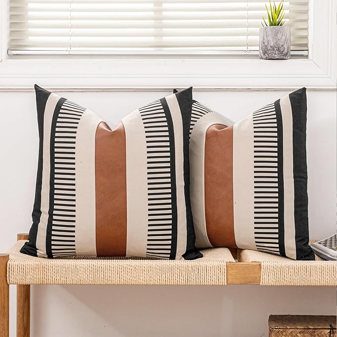 Farmhouse Stripe Pillow Cover 20x20 Boho Accent Cushion Case Faux Leather Decorative Pillowcase,Black and Beige (Cover ONLY, Pack of 2)