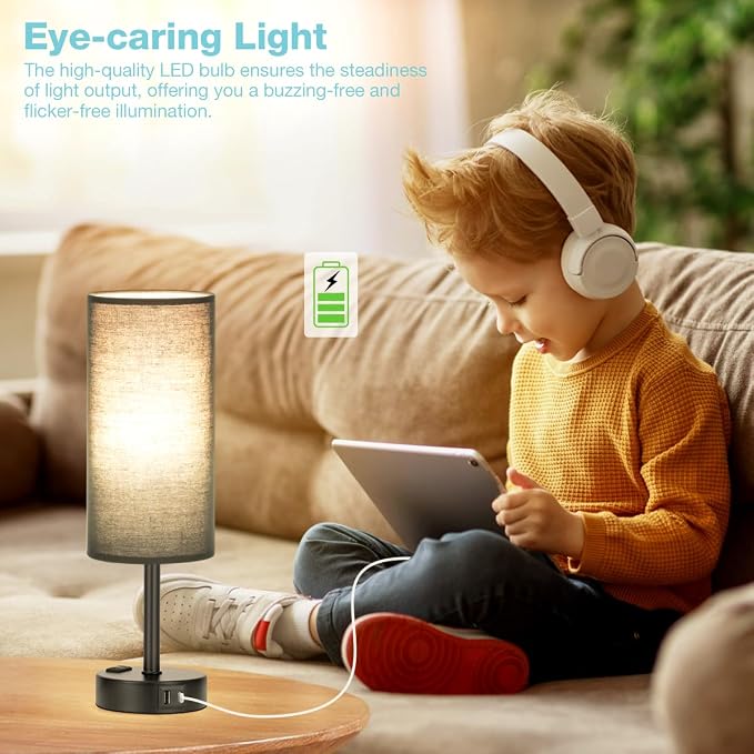 Fenmzee Black Bedside Lamp for Bedroom, Dimmable Touch, USB A+C, AC Outlet | 3-Way Dimmable, LED Bulb Included, USB C+A Charging Ports, Black Fabric Lampshade, Metal Base, 14in Small Table Lamp