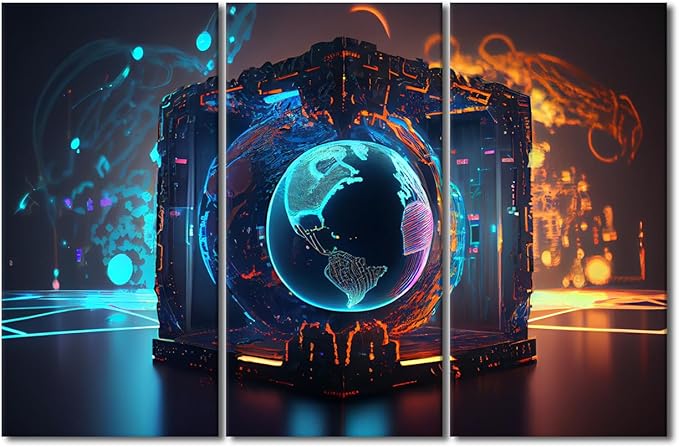 TUMOVO Concept Wall Art 3 Piece Neon Colorful Global World in Cyber Space Canvas Print Art for Bedroom Living Room Decorations, Cyber Space 3D Artwork Posters and Prints Ready to Hang, 60" Wx40 H