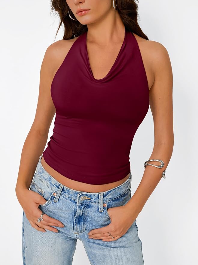 Trendy Queen Halter Tops for Women Going Out Summer Top | Cowl Neck Shirts, Sexy Backless, Fashion Y2K Clothes, Perfect for Party, Club, Vacation, Pair with High-waisted Bottoms