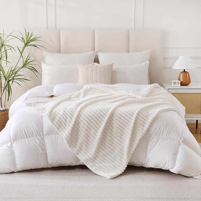 Cream White Sherpa Fleece Throw Blanket 90”×90”for Couch Sofa Bed | Double Side Soft Fuzzy Cozy Plush Thick Flannel Blanket with Striped Design Gift for Adults,Woman