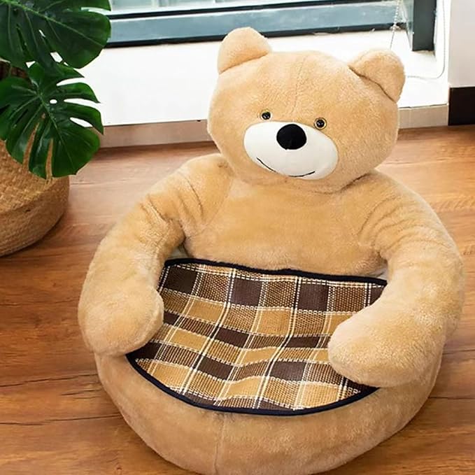 Dog Sofas & Chairs, pet Shape Sofa, Slip Resistant Dog cat Furniture, Adorable Bear Shaped Pet Sofa Bed, Washable Dog cat Couch, Plush Soft Couch for Dogs and Cats L(bottomDiameter55cm) Khaki+mat
