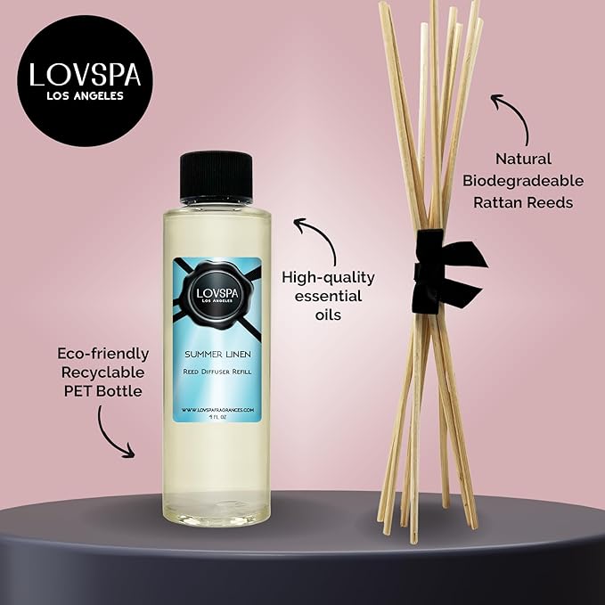 LOVSPA Summer Linen Diffuser Oil - Luxury Essential Oils for Diffuser Refill & Air Freshener Room Spray - Long-Lasting & Natural Home Fragrance, Scented Oil for Diffusers, USA Made, 4oz