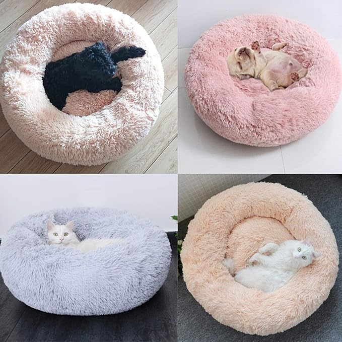 huraty Plush Dog Bed for Small Medium Dogs, Fluffy Donut Round Pet Cat Beds, Anti-Slip & Anti-Anxiety, 24 Inch for Puppy and Kitties, Lilac, M