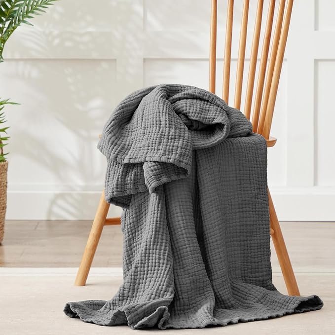 100% Cotton Muslin Blanket King 108" x 90", Breathable and Lightweight Cotton Throw Blankets for Bed, Soft Cooling Summer Gauze Blanket for Adults All Season, Charcoal Grey