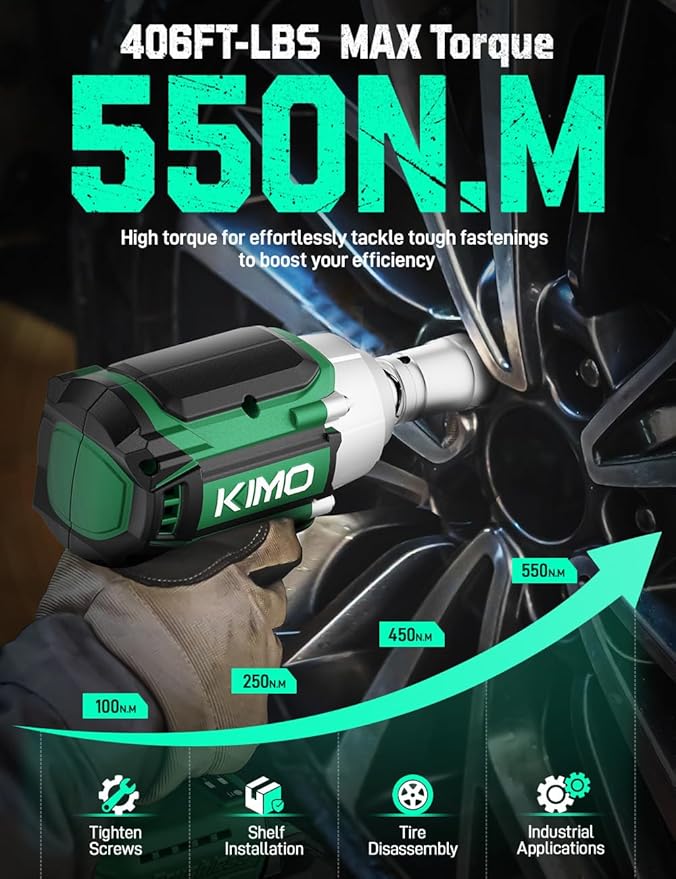 KIMO Cordless Impact Wrench, 1200N.m/900ft-lbs, 4000 RPM, 7Sockets High Torque Brushless Wrench with 3/8" Chuck, 4000mAh Li-ion Battery, Fast Charger, Variable Modes Power Impact Driver for Car Tires