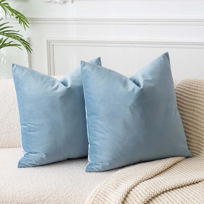 Light Blue 26x26 Decorative Velvet Euro Throw Pillow Covers Case Set of 2 | JUSPURBET Cozy Soft Couch Covers with Invisible Zipper for Modern Couch Sofa Bed Living Room Bedroom Home Decor