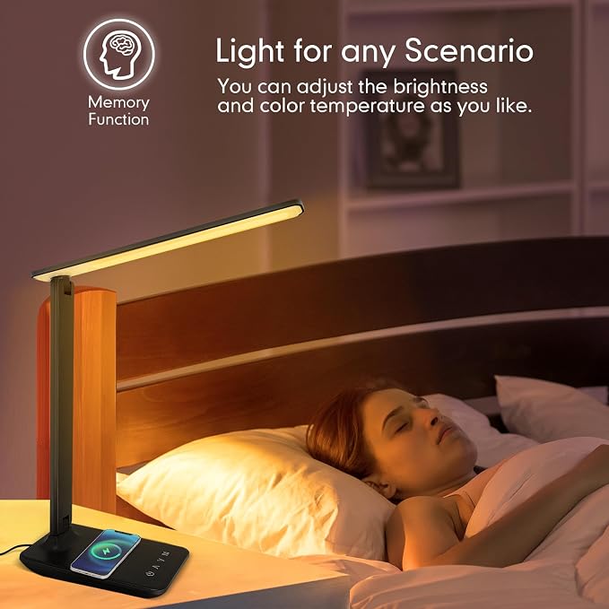 White crown LED Desk Lamp with 15W Wireless Charger & USB Port, Dimmable Table Lamp with 5 Lighting Modes, Sensitive Touch Control, Foldable & Portable Desk Light for Home, Office, Bedroom, Reading