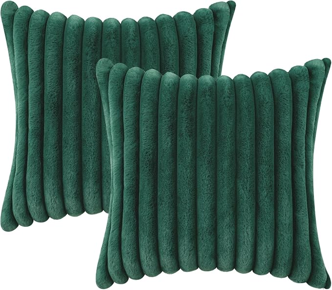 decorUhome Fall Faux Fur Throw Pillow Covers 22x22 Set of 2 Christmas Green | Decorative Soft Cozy Striped Plush Modern Farmhouse Boho Couch Pillow Cases Velvet Back for Sofa Bed Living Room Home Decor