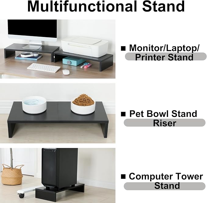 TEAMIX 2 Pack Monitor Stand Riser-20 inch, Black Desktop Stand for PC/TV/Laptop/Printer, Keyboard Shelf Organizer Wood Monitor Riser with Storage