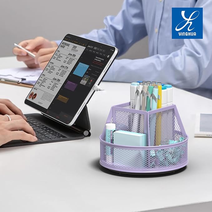 YINGHUA Metal Mesh Desk Organizer with 5 Compartments and Rotating Pencil Holder Pen and Stationery Organizer for Office Home School Anti Slip Base Purple