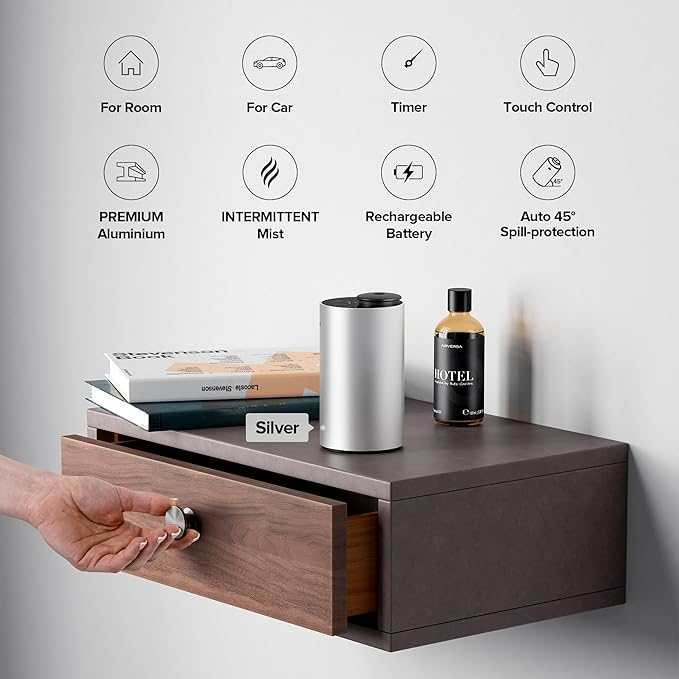 Airversa Waterless Essential Oil Diffuser for Home Aromatherapy Scent Diffusers with 3 Countdown Timer Settings or Timer-Off, 3 Mist Levels for Car Room Studio Office, ANX Premium Metal Ice Blue