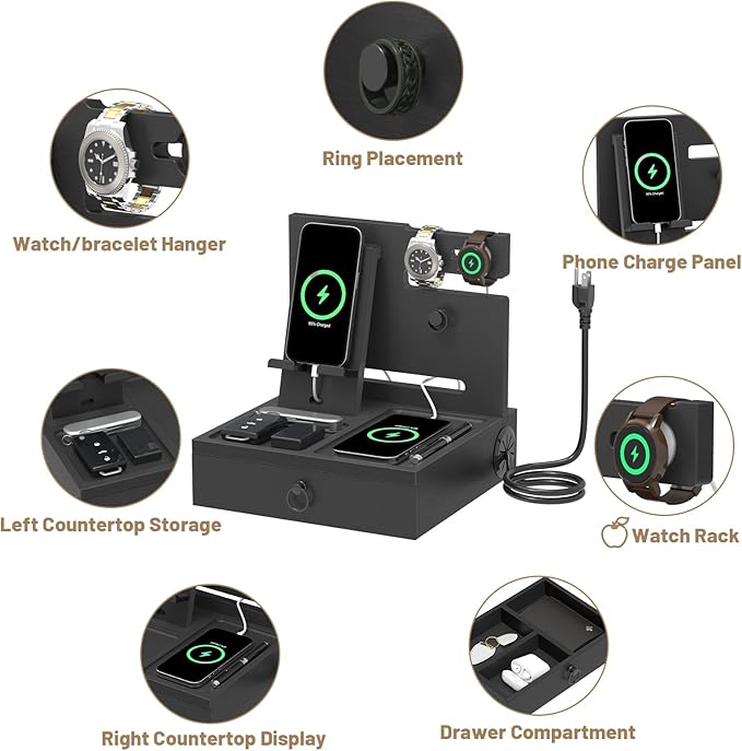 Wood Phone Docking Station with USB Ports and Outlets, Nightstand Organizer with Charging Station, Bedside Organizer with Drawer for Watch & Accessories, Christmas Anniversary Birthday Gifts for Men