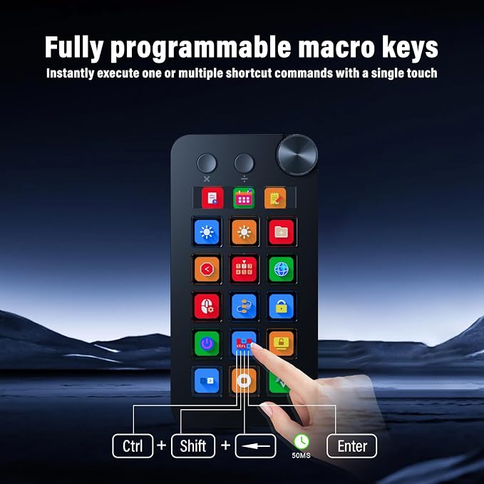 Streaming Deck,Macro pad/Calculator/Numeric Keypad Three Modes | 15 Customizable Macro Keys and LCD Bar,Large Dial,Work Efficiency Device,Compatible with Windows and Mac(N1 Black)