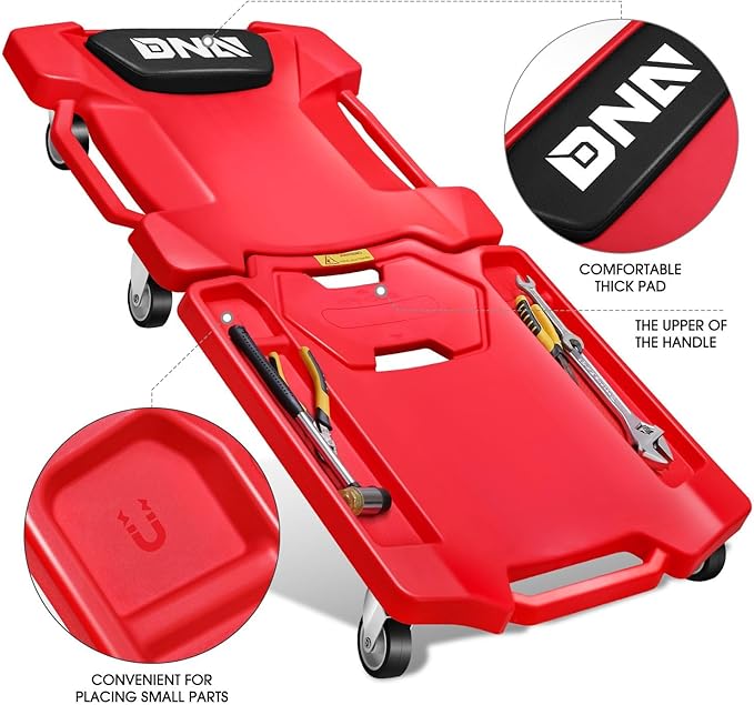 DNA Motoring 41inch Low Profile Plastic Rolling Garage Shop Creeper with Padded Headrest, Tool Trays & 6pcs Casters, Foldable Creeper, TOOLS-00637-RD