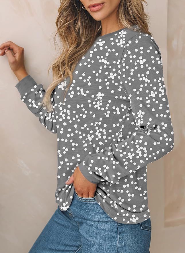 EVALESS Womens Crewneck Long Sleeve Tops Casual Polka Dots Tops Fall 2026 Tshirts Shirts