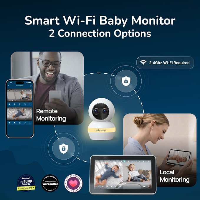 Babysense TOUCH 7" Touchscreen Smart WiFi Baby Monitor with App, Camera and Audio, 2 Cameras with Night Light, 4MP Dual-Lenses with 6X Zoom, AI Auto Tracking, Focus Area, Split-Screen, No Subscription