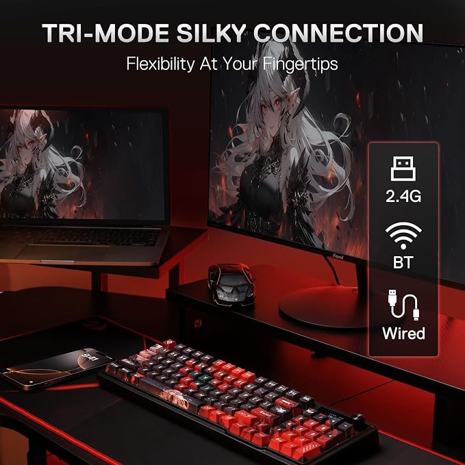 Redragon K719 PRO Wireless RGB Gasket Gaming Keyboard, Dye-Sub Anime Keycap | Easy-Control LED Info Display, 0-Delay Tri-Mode, Cushioned 5-Layer Noise Dampening for Creamy Thocky Sound, 95% Layout