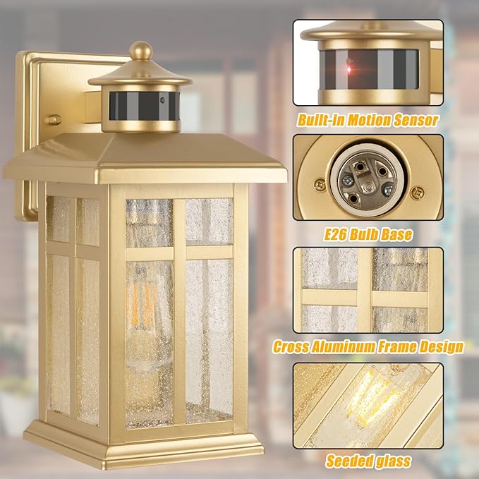 Outdoor Light Fixture Motion Sensor, Gold Waterproof Outside House Light, Modern Wall Lights, Outdoor Garage Light Dusk to Dawn Exterior Light Fixture for House, Garage, Garden