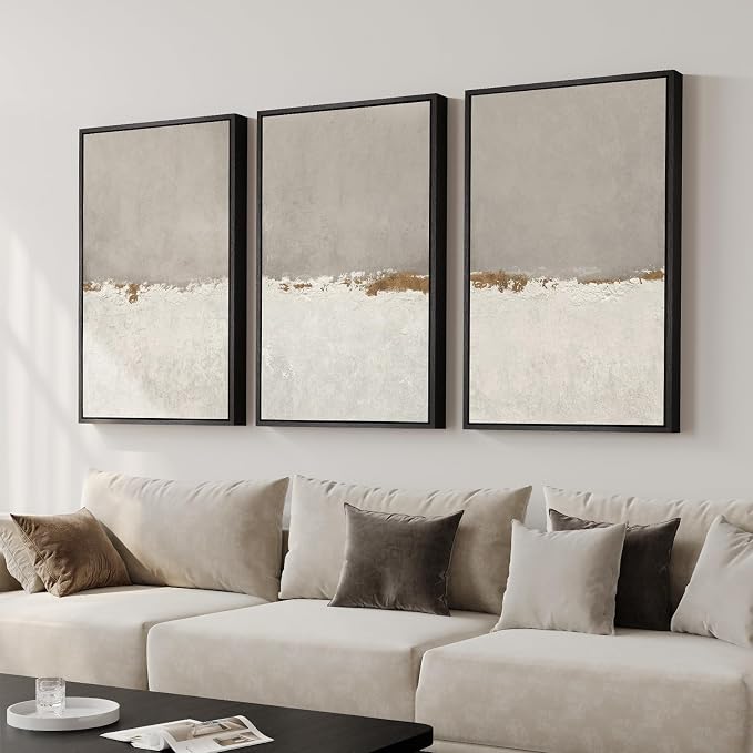 Large Framed Neutral Abstract Wall Art for Living Room, 3 Piece Modern Canvas Prints Paintings Artwork for Walls, Minimalist Beige Abstract Horizon Pictures for Hallway, Office Wall Decor 24x36 In