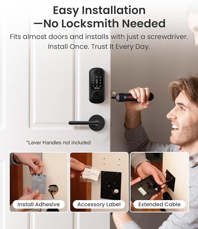 DESLOC B200 Fingerprint Smart Door Lock with App Control, Keyless Entry Deadbolt for Front Door, Auto Lock, Touchscreen Keypad, 8 Unlock Methods, USB-C Backup Power, 12-Month Battery, BHMA Grade3
