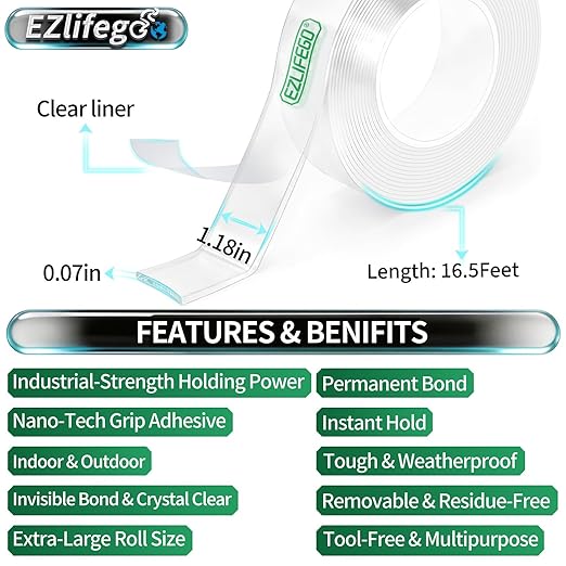 EZlifego Heavy Duty Invisible Bond Nano Double Sided Mounting Tape, 16.5FT | Nano-Tech, Holds up to 72 lbs, All-Purpose, Instant Hold, Industrial-Strength Adhesive, Indoor & Outdoor Decor,Back to School