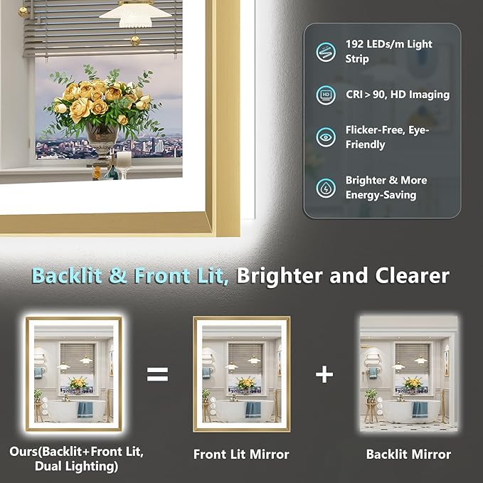 32x36 Gold Beveled LED Bathroom Mirror with Lights, Brushed Gold Framed Backlit and Front Lit Anti-Fog Lighted Vanity Mirrors for Bathroom Wall, Dimmable, 3 Colors, Memory, HD Tempered Glass