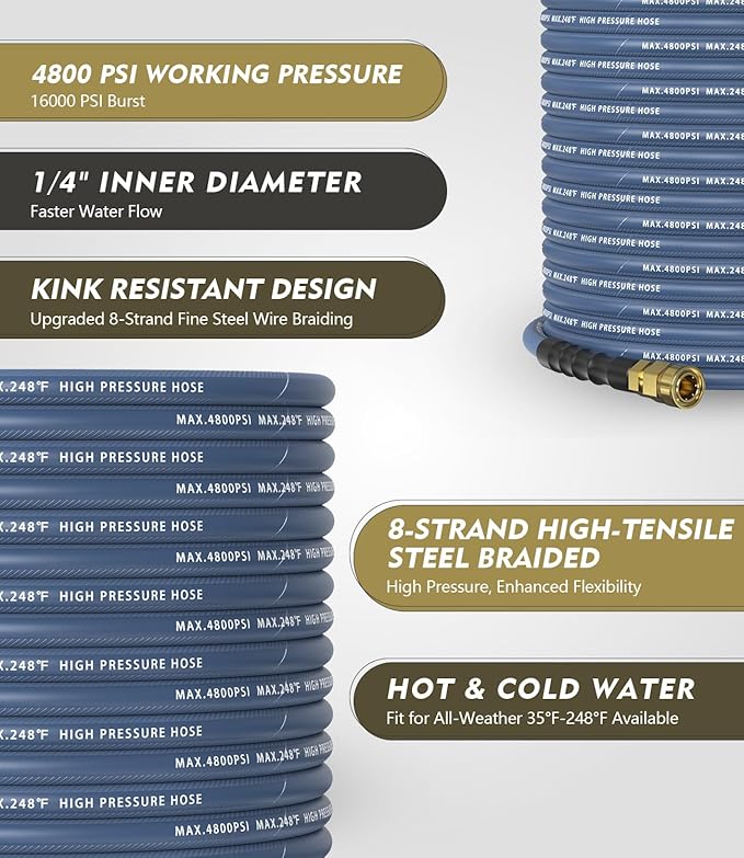 Pressure Washer Gun and Hose Kit, 4800PSI Flexible & Kink-Resistant - Steel Braided & Durable High Power Washer Hose 25 FT with 3/8" Swivel Quick Connector and M22 14mm Adapters & 5 Nozzles