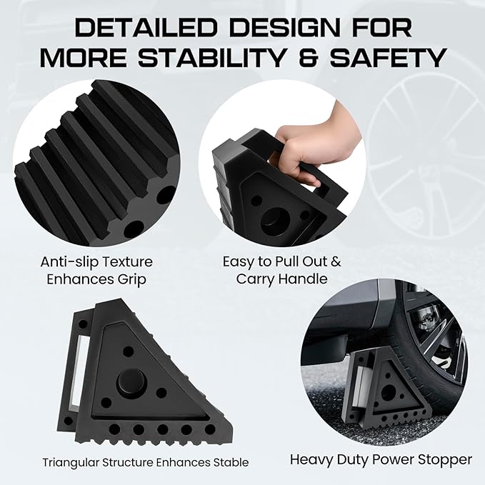 Taifa 4PCS Heavy Duty Rubber Wheel Chocks for Travel Trailers, RV Wheel Stoppers Tire Chock with Portable Handle for Camper Cars Trucks etc., Black