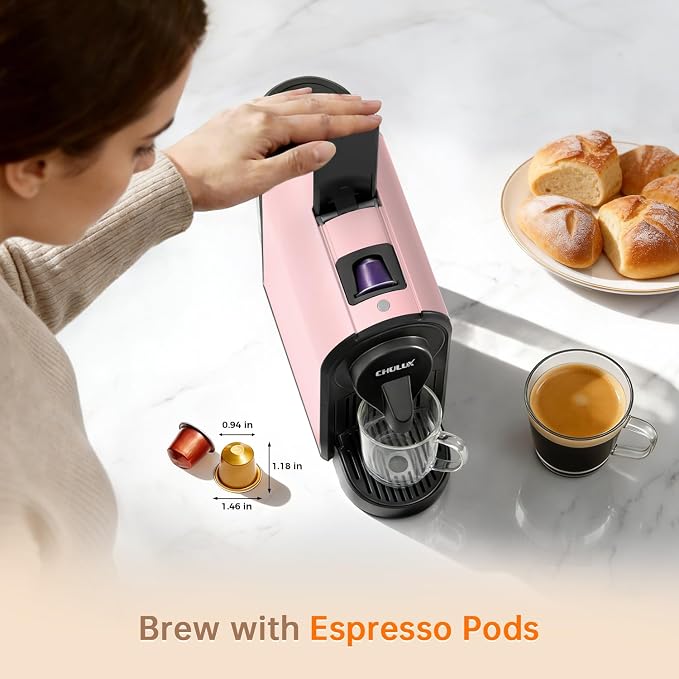 CHULUX Bafè-Pro Compact Espresso Machine 20 Bar for Nes Original Pods, Pink | 1400W Rapid Heating, Espresso Lungo Buttons, Used Capsule Drawer, Auto-Eject System, 24oz Removable Reservoir, Mini Footprint
