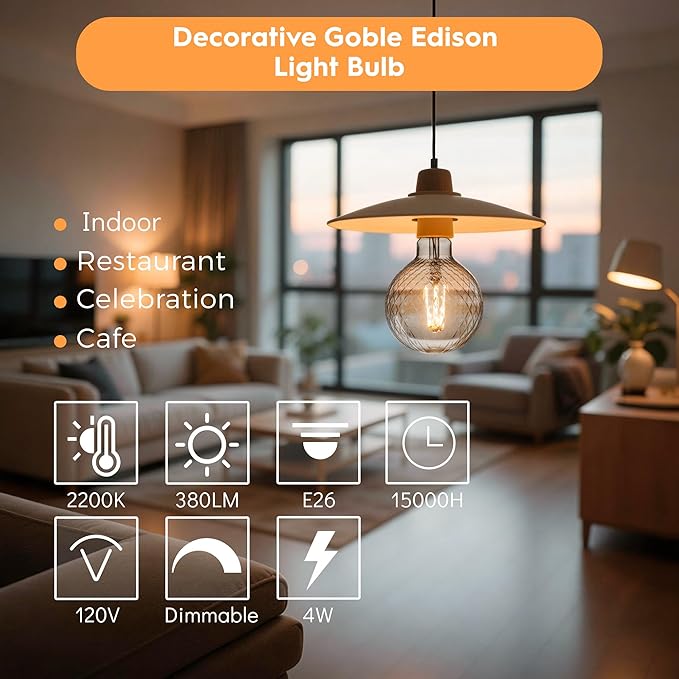 Edison Filament Bulb Pineapple Faceted, Vintage Light Bulbs Clear Crystal, G125 Large Round LED Bulbs, 4W Dimmable E26 Medium Base, Decorative Cut Glass Lights, 4 Pack