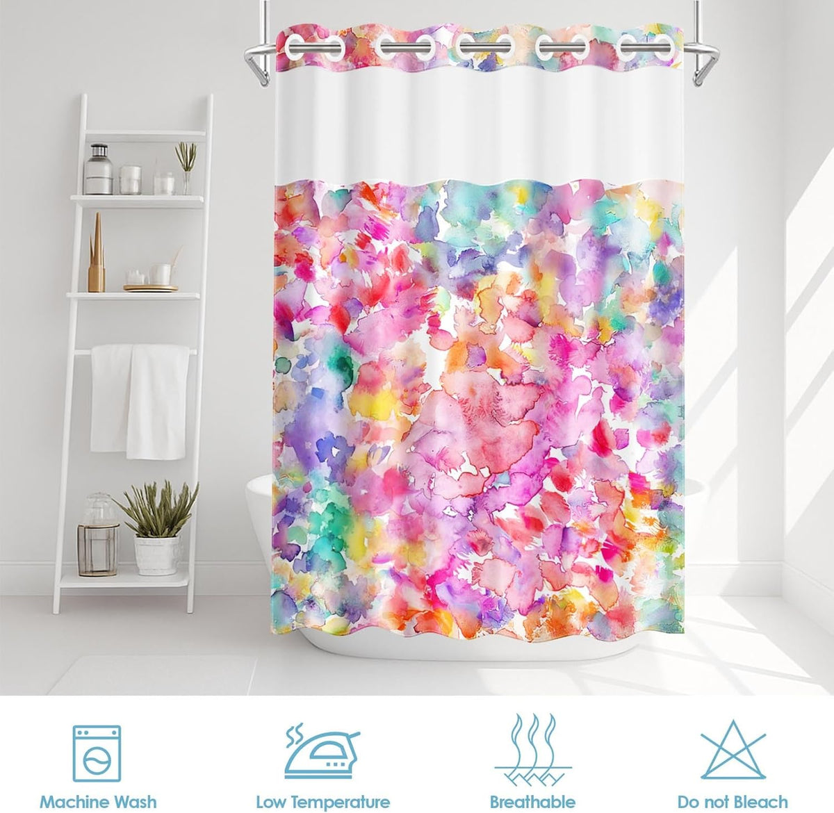 No Hook Pink Teal Blue Yellow Shower Curtain with Snap in Fabric Liner Set, Polka Dot Colorful Double Layers Waterproof Fabric with See Through Top Window Open Grommet Bath Curtain 71x74 Inch