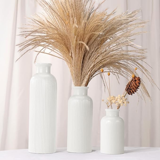 Small White Ceramic Vase Set of 3, Boho Modern White Flower Vase Room Decor, Farmhouse Decor, Vases for Your Kitchen, Bathroom, Bedroom, Living Room, Office&Shelf Centerpiece Table Decorations