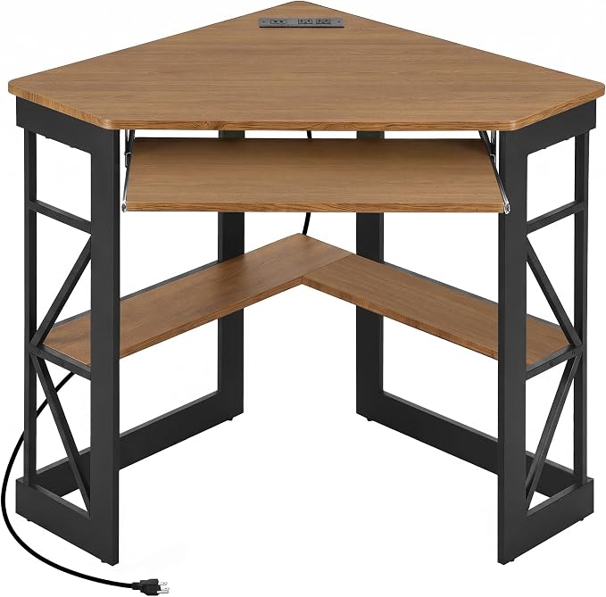 VECELO Corner Desk, Triangle Computer Desk for Small Space with Charging Station and Keyboard Tray, Corner Makeup Table with Storage Shelves for Home Office Bedroom, 41x30, Light Walnut