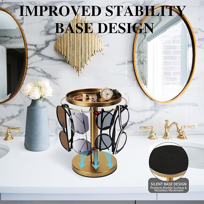 kondyfayo 360° Rotating Sunglass Organizer Storage, Stainless Steel Glasses Holder Stand, Glasses Organizer with Tray for Desk, Dresser, Tabletop, Nightstand and Home Decor (Gold) | Stainless Steel Stand with 360 Rotation Holds 9 to 12 Pairs. Top Tray ...