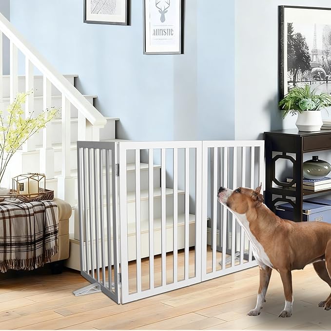 Dog Gate Indoor, Freestanding Dog Fence for The House, Doorways, Hallways,or Stairs,Pet Gate Foldable Wooden,Expandable 24" Height 2 Panels,White