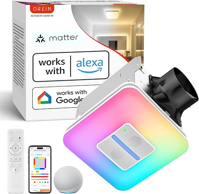 OREiN Matter Smart Bathroom Fan with Light ��� Humidity Sensor, 130���160 CFM Ventilation, Ultra-Quiet 1.0 Sone, Tunable White & Custom RGB, Dual Bluetooth Speakers, Compatible with Alexa & Google Home