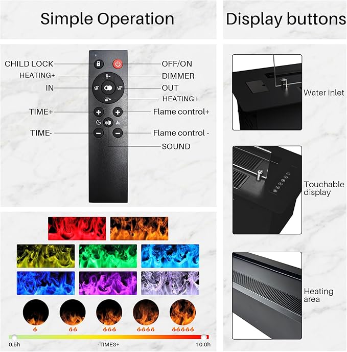 59." 3D Water Vapor Electric Fireplace Heater - Humidifier Function,Smart APP/Remote Control,Colorful Realistic Flame, Decorative Steam Atomizing Fireplace for Home, Office, Hotel & Restaurant