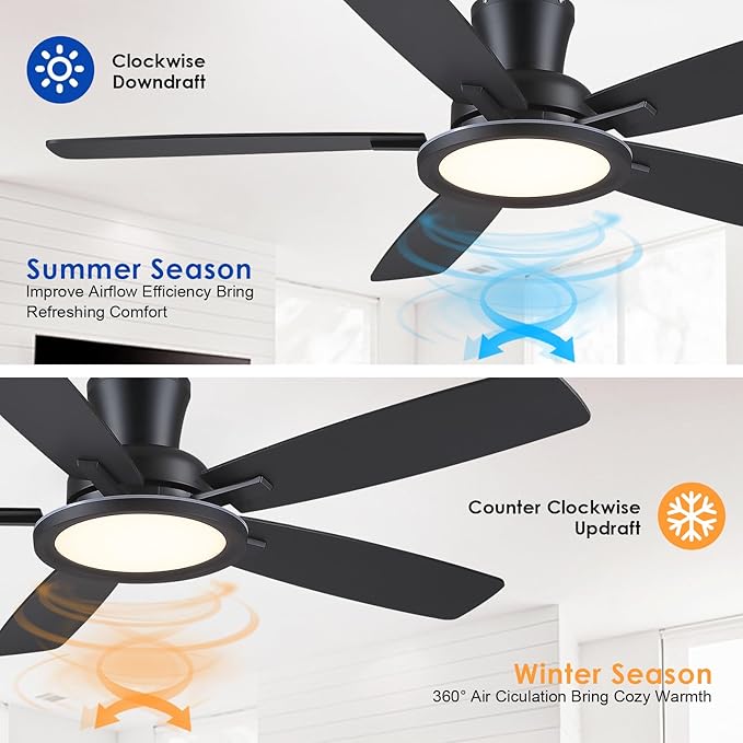 52" Flush Mount Ceiling Fan with Lights and Remote - Black Modern Ceiling Fan, Reversible and 5 Dual-Sided Blades, Low Profile Fan Light for Indoor Bedroom, Covered Patios