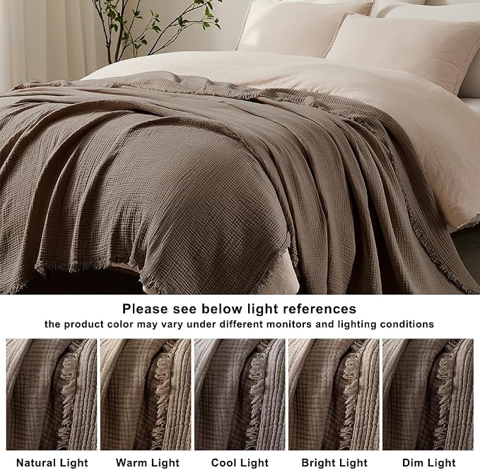 WDCOZY 100% Cotton Muslin Blanket Oversized King 4-Layer for Bed Breathable Lightweight Soft Large Boho Farmhouse Linen Tassels Ruffle Gauze Blankets 102x120 Inches Brown Mocha Chocolate Coffee Taupe