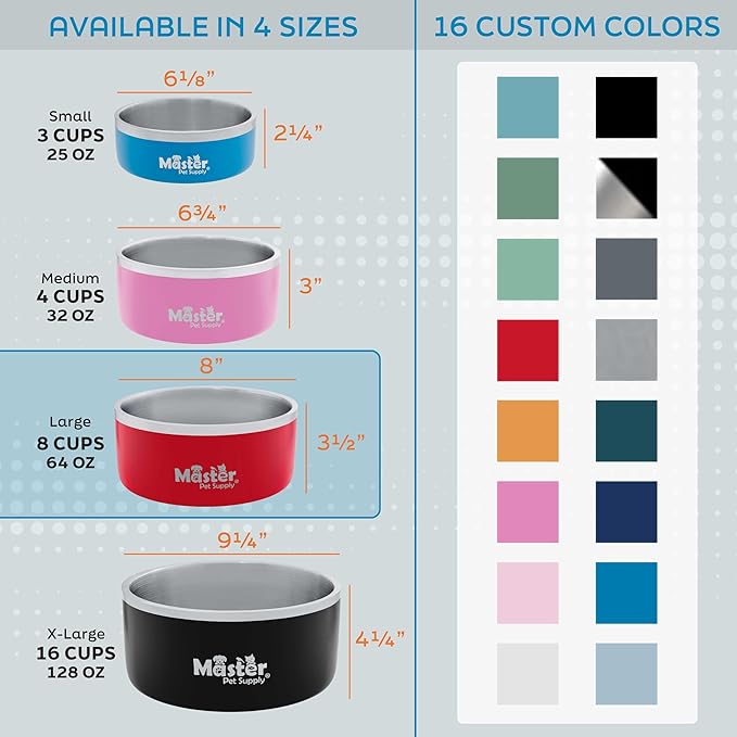 Master Pet Supply Stainless Steel Dog Bowls - 64 oz, Heavy Duty - Emerald Sea, Double Wall Extra-Thick Insulated, Non-Slip Pet Water Bowl for Dogs, Cats & Pets, Anti Rust Metal, Dish Washer Safe