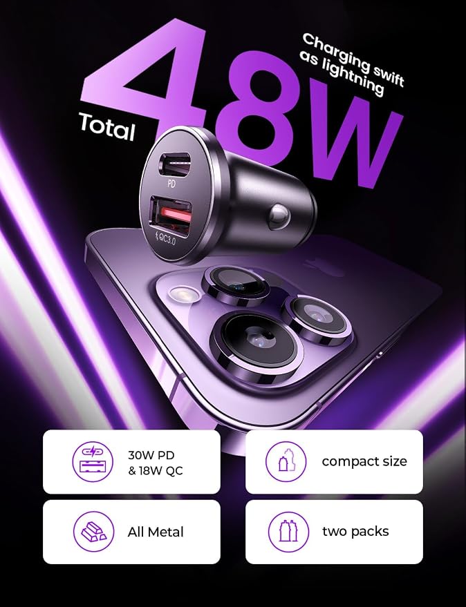 LISEN USB C Car Charger Adapter [2 Pack] [Mini & Metal] Cigarette Lighter USB Charger Fast Charging [PD QC 3.0] USBC Car Phone Charger for iPhone 15 Pro Max Plus 14 Samsung Galaxy S23 iPad Pro, Purple | Cigarette Lighter Charger, USB C Car Charger Fast...