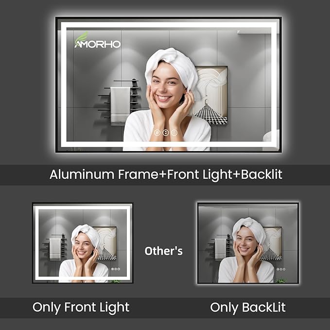 Amorho LED Bathroom Mirror, 60" X36" Framed Front Light and Backlit, Stepless Dimmable, Anti-Fog, Shatter-Proof, Memory, 3 Colors, Double LED Vanity Mirror