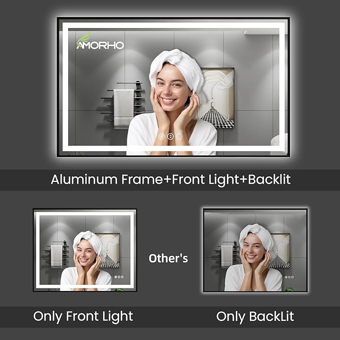 Amorho 36"X30" Black LED Mirror for Bathroom, Front Light and Backlit Framed Mirror, Stepless Dimmable, Anti-Fog, Shatter-Proof, Memory, 3 Colors, Double LED Vanity Mirror